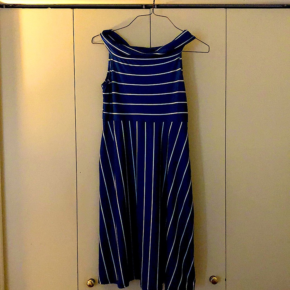 Blue and white striped dress with turtleneck